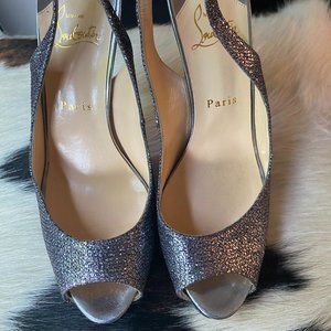 Christian Louboutin Silver Glitter Peep Toe Platform Sandal Size 39